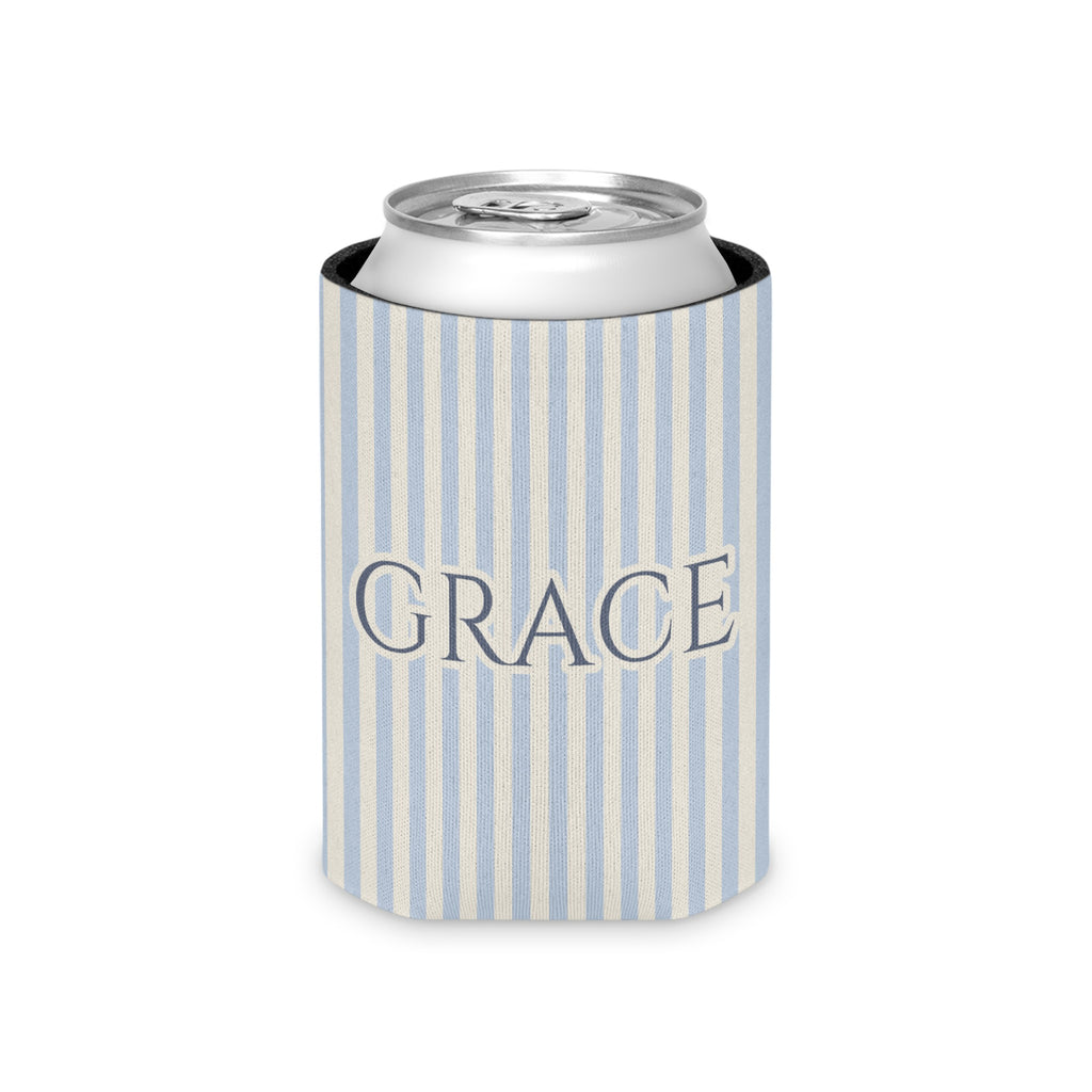 Can cooler with blue and cream stripes, featuring the name "Grace".