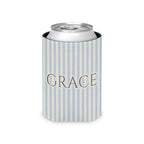 Can cooler with blue and cream stripes, featuring the name "Grace".