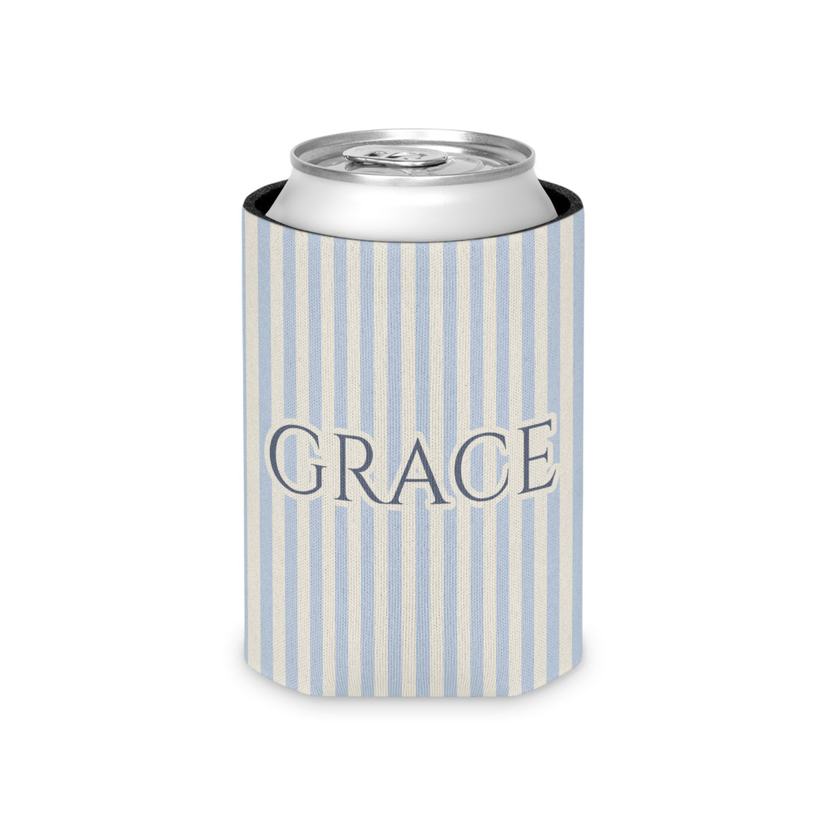 Can cooler with blue and cream stripes, featuring the name "Grace".