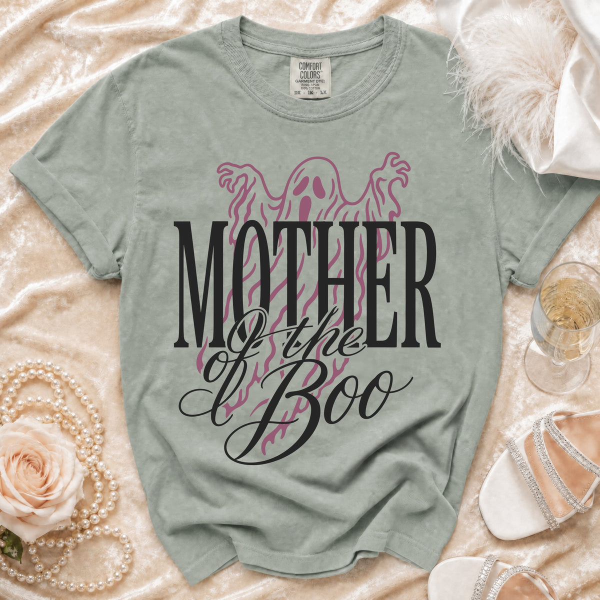 T-shirt with "MOTHER of the Boo" text and ghost graphic.