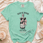 Maid of Honor shirt with a champagne bottle wearing heart sunglasses and a polka dot bow.
