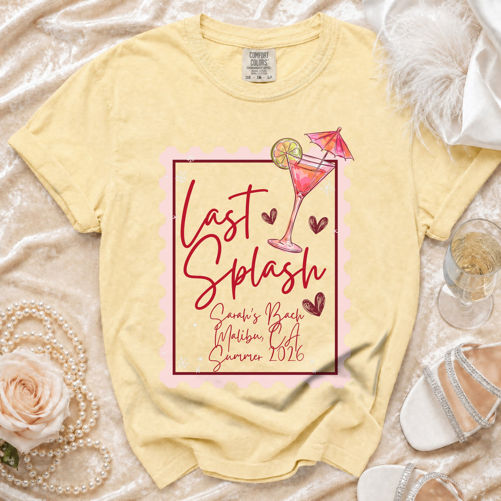 Yellow t-shirt with "Last Splash Sarah's Bach Malibu CA Summer 2026" graphic.