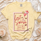 Yellow t-shirt with "Last Splash Sarah's Bach Malibu CA Summer 2026" graphic.