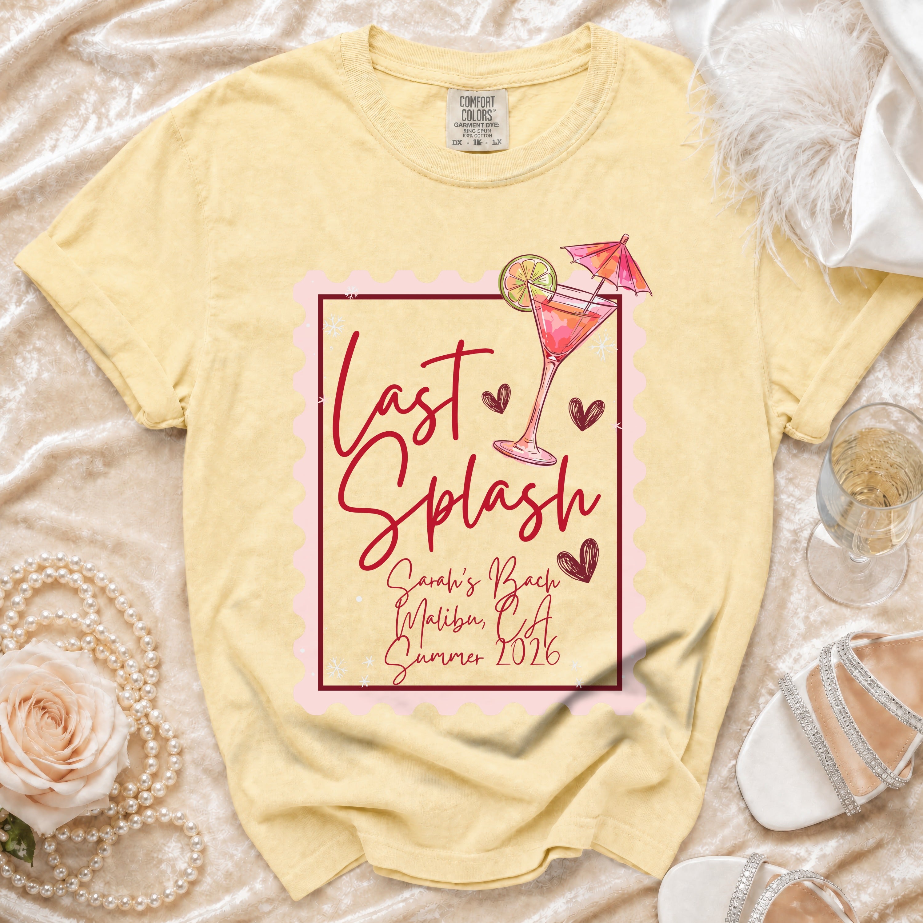 Yellow t-shirt with "Last Splash Sarah's Bach Malibu CA Summer 2026" graphic.