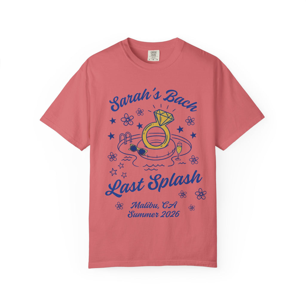 Coral t-shirt with "Sarah's Bach Last Splash" and pool imagery.