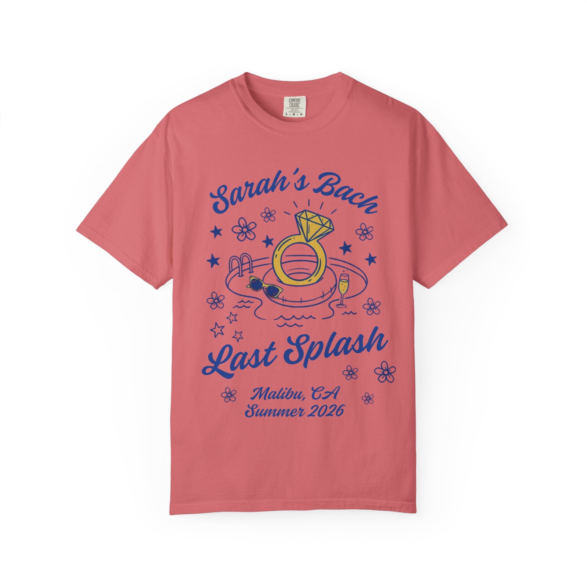Coral t-shirt with "Sarah's Bach Last Splash" and pool imagery.