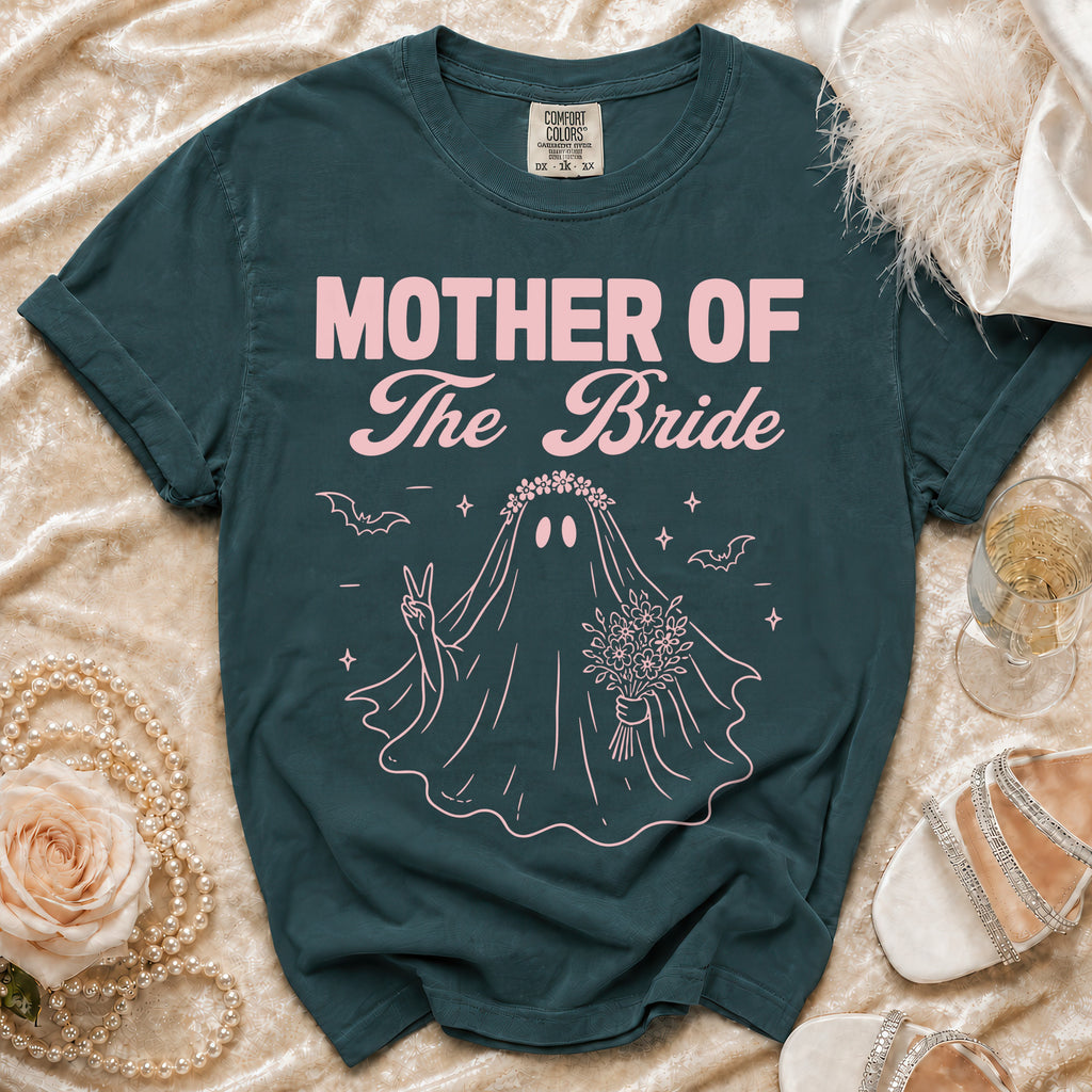 Dark teal t-shirt with pink "Mother of The Bride" text and a ghost bride illustration.