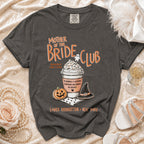 Grey t-shirt with "Mother of the Bride Club" and Halloween coffee cup graphic.