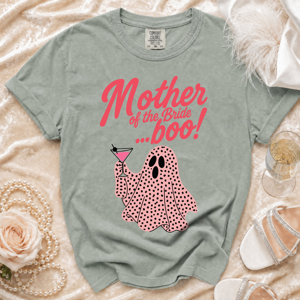 Sage t-shirt with "Mother of the Bride...boo!" text and pink polka dot ghost.