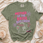Green t-shirt with "Mother of the Bride Boo Crew" text and ghost graphic.