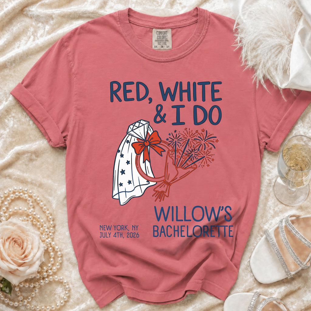 Red, White & I Do Willow's Bachelorette t-shirt with fireworks and veil.