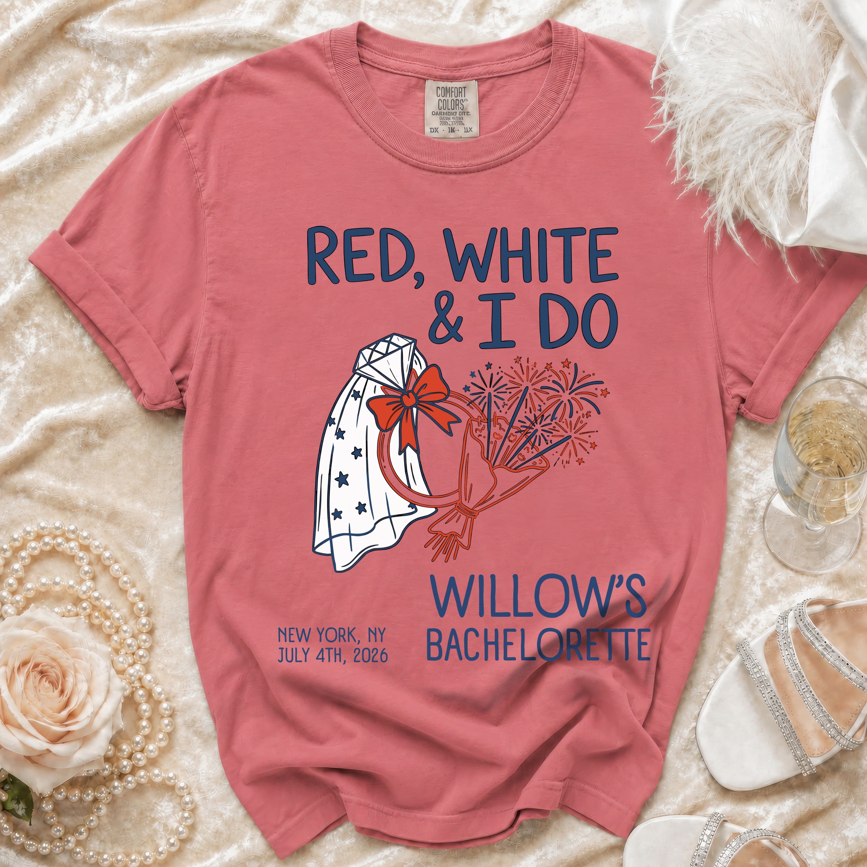 Red, White & I Do Willow's Bachelorette t-shirt with fireworks and veil.