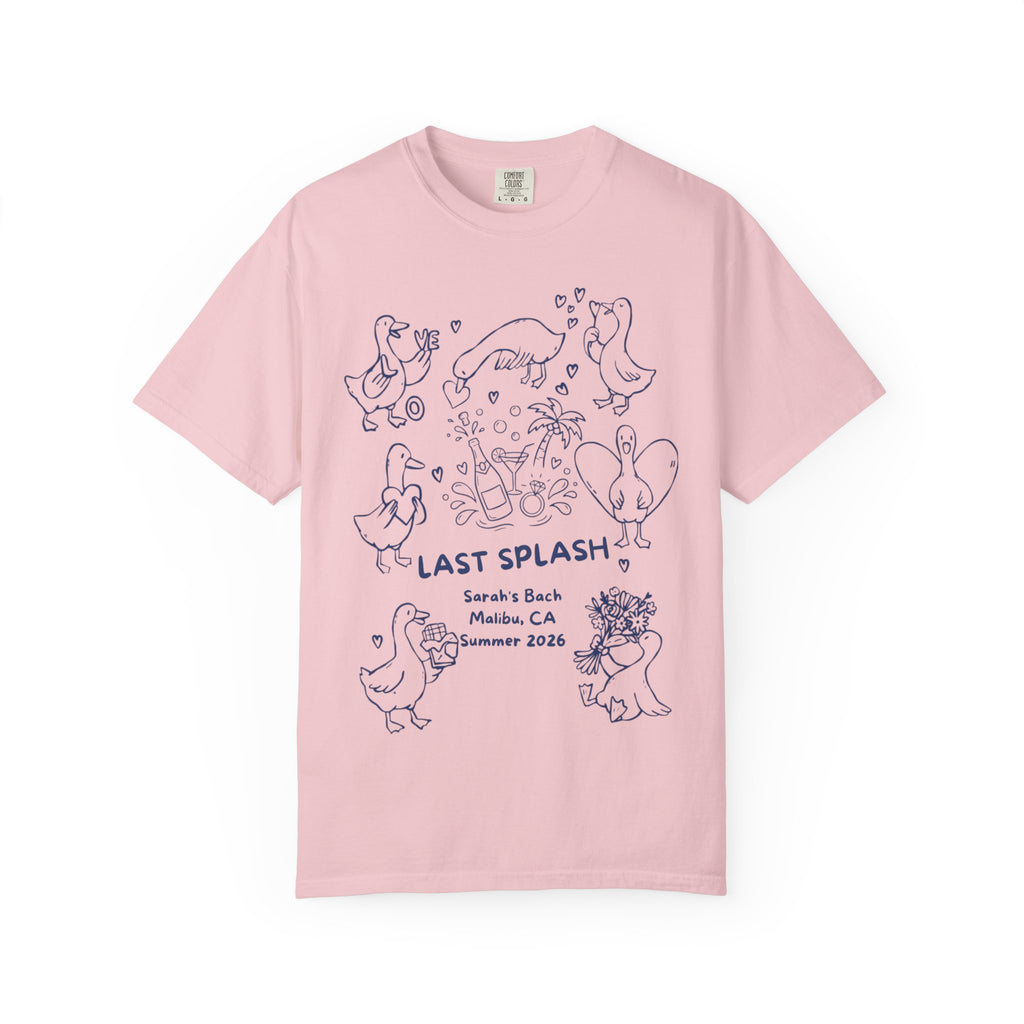 Pink t-shirt with "Last Splash Sarah's Bach Malibu, CA Summer 2026" and duck drawings.