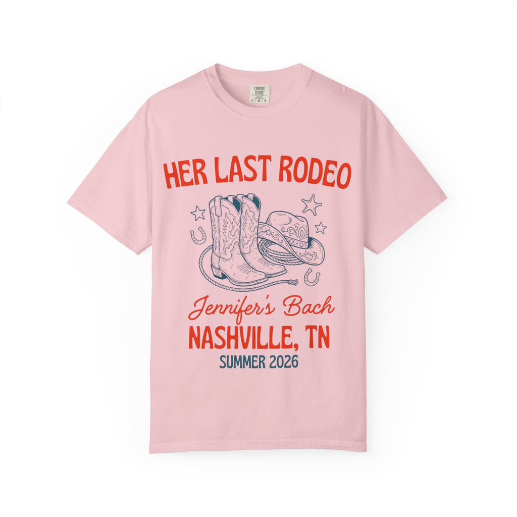 Pink t-shirt with "Her Last Rodeo" and Nashville bachelorette details.
