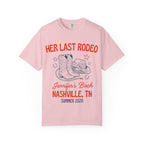 Pink t-shirt with "Her Last Rodeo" and Nashville bachelorette details.