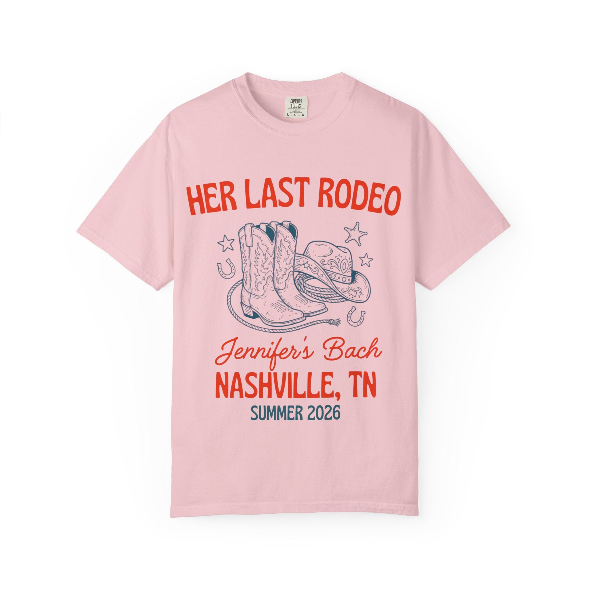 Pink t-shirt with "Her Last Rodeo" and Nashville bachelorette details.