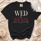 Black t-shirt with "WED & WICKED" text, wedding ring, and rose vine graphic.