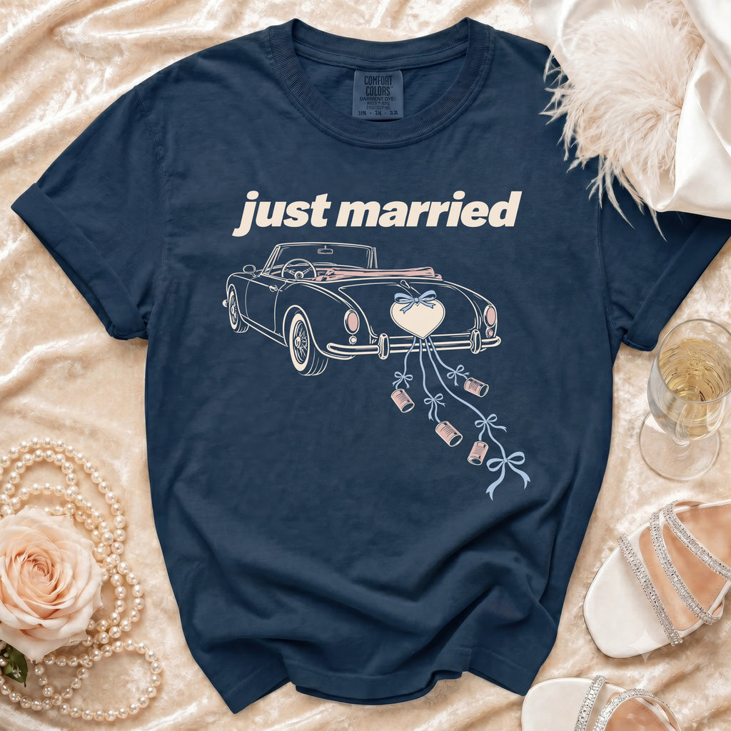 Navy Comfort Colors shirt with "just married" text and a classic car graphic.