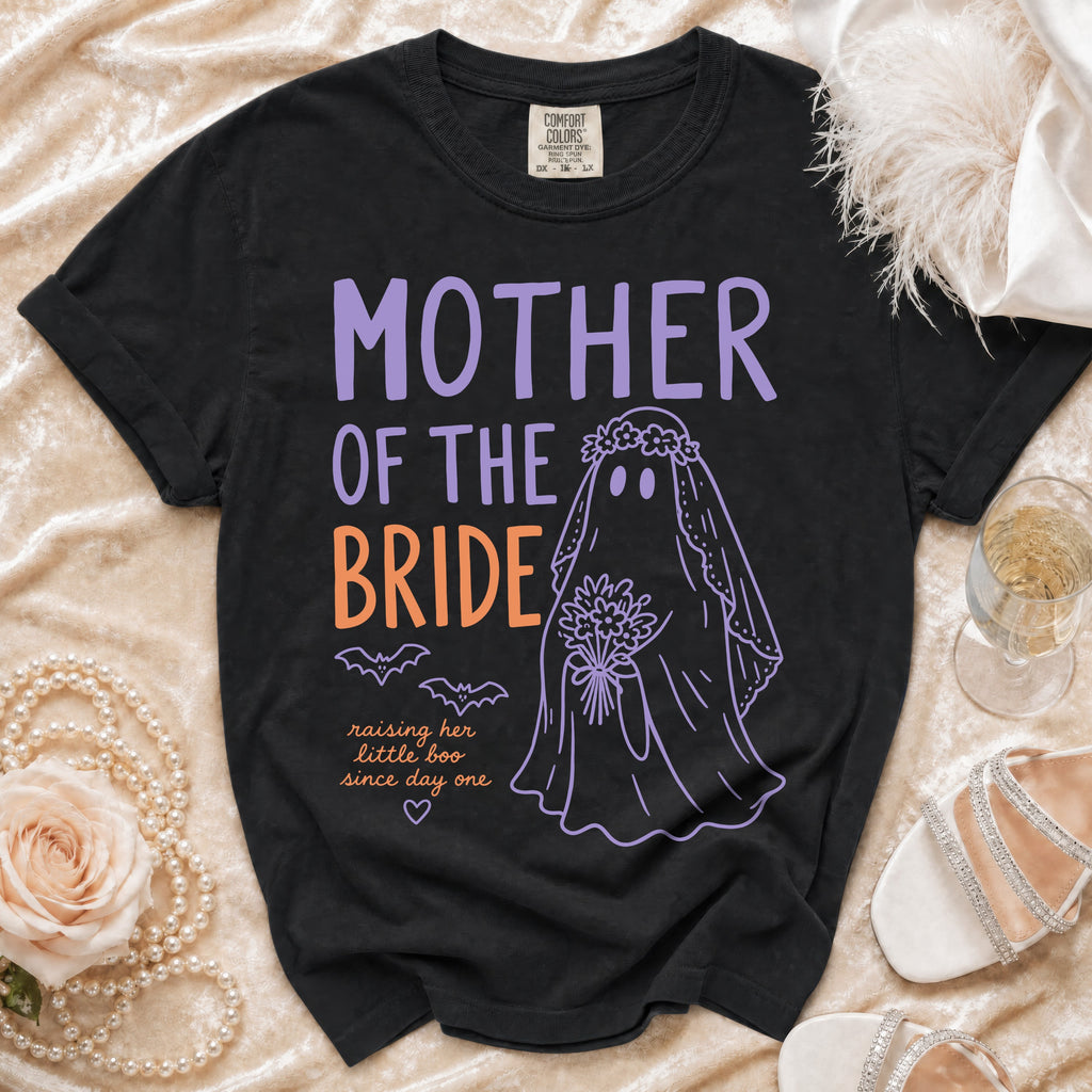 Black t-shirt with "Mother of the Bride" ghost graphic and wedding accessories.