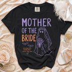 Black t-shirt with "Mother of the Bride" ghost graphic and wedding accessories.