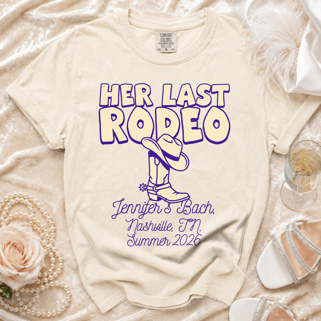 Cream t-shirt for "Her Last Rodeo" bachelorette party in Nashville, TN, Summer 2026.