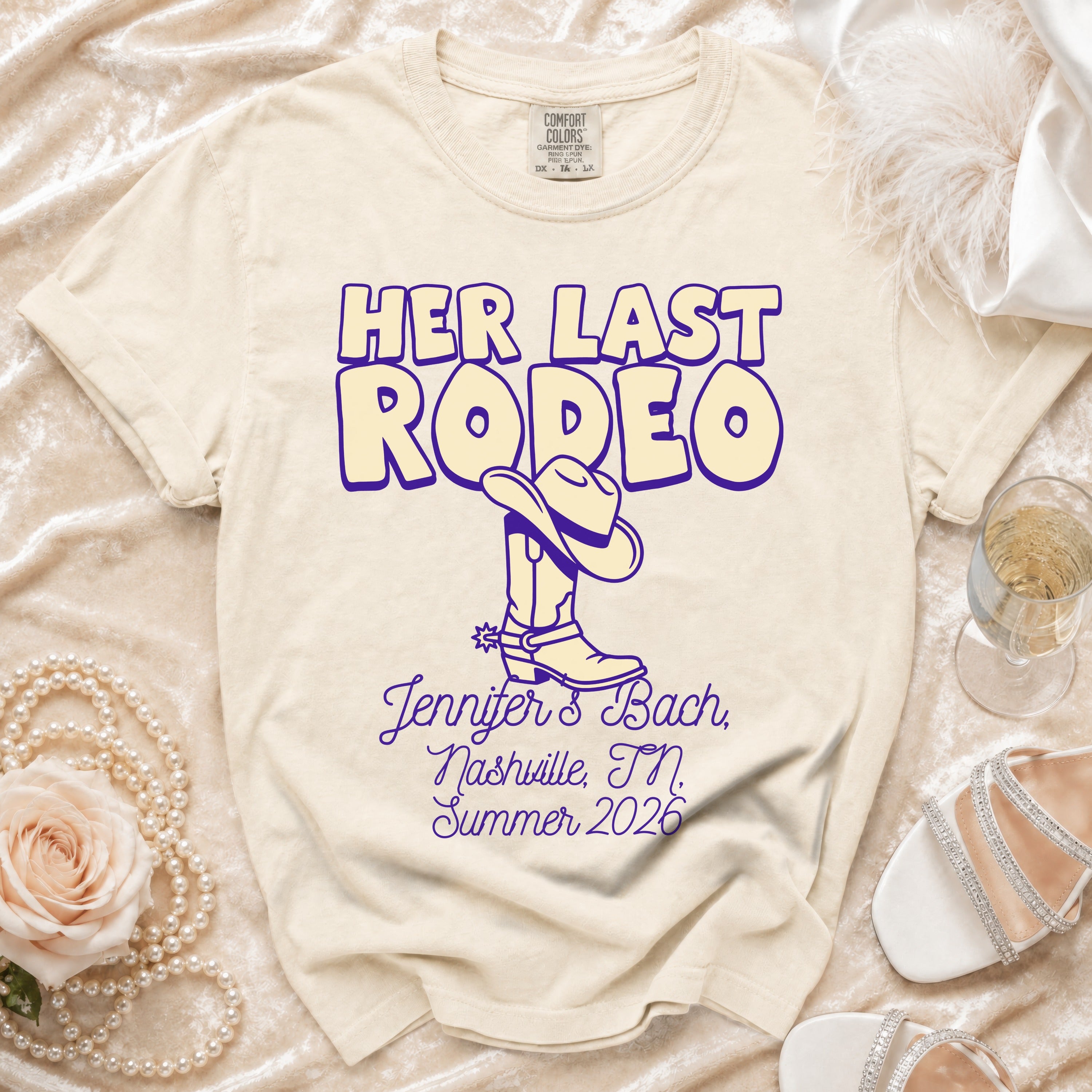 Cream t-shirt for "Her Last Rodeo" bachelorette party in Nashville, TN, Summer 2026.