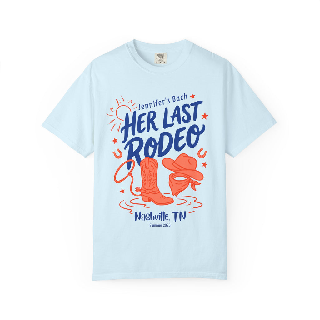 Blue t-shirt with "Jennifer's Bach ★ HER LAST RODEO Nashville, TN Summer 2026" and cowboy graphics.
