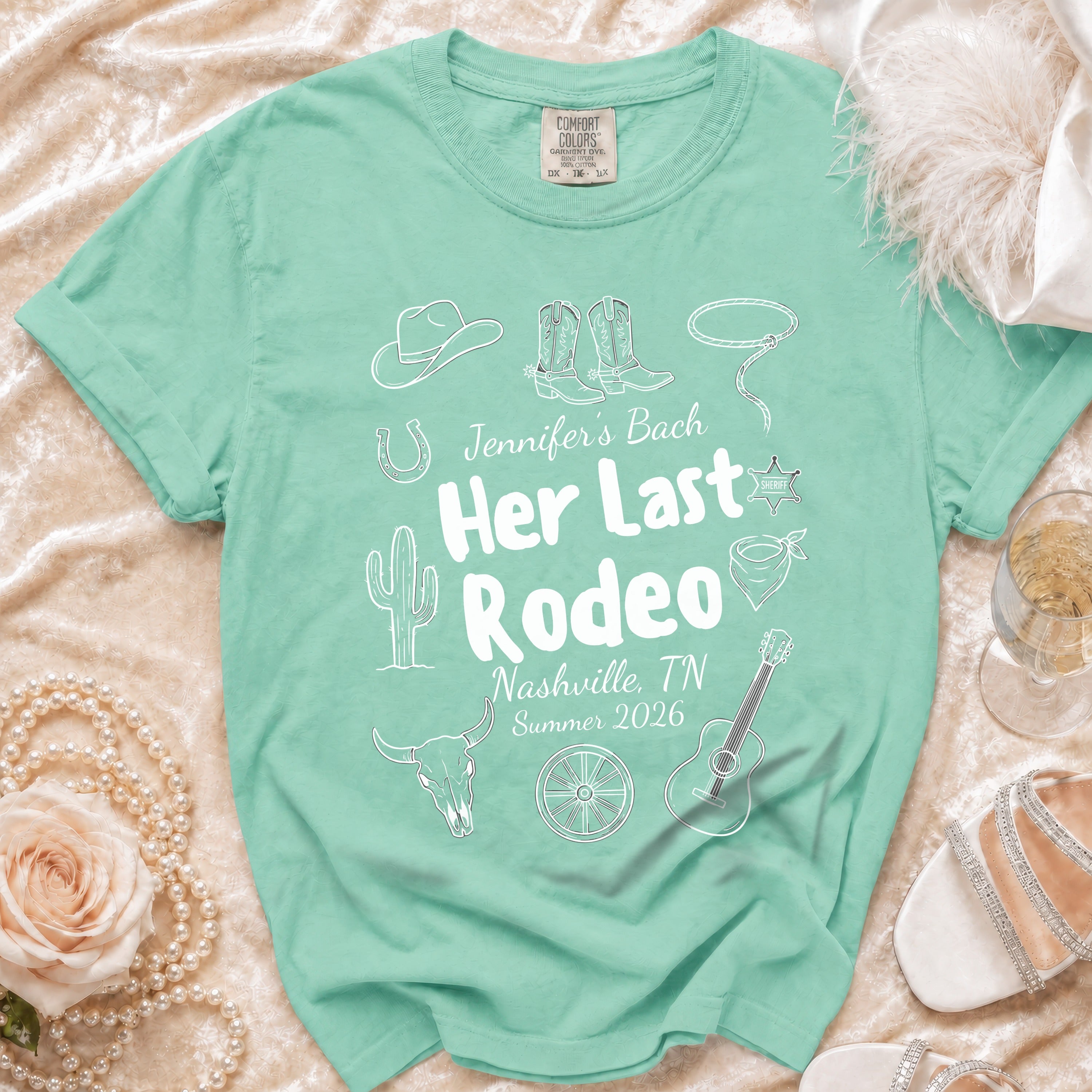Mint green t-shirt for "Jennifer's Bach Her Last Rodeo" in Nashville, TN.