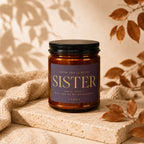 Amber candle with "Sister, Until then... Will you be my bridesmaid?" text.