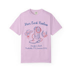 Pink t-shirt with "Her Last Rodeo" text, cowboy boot, and horseshoe.