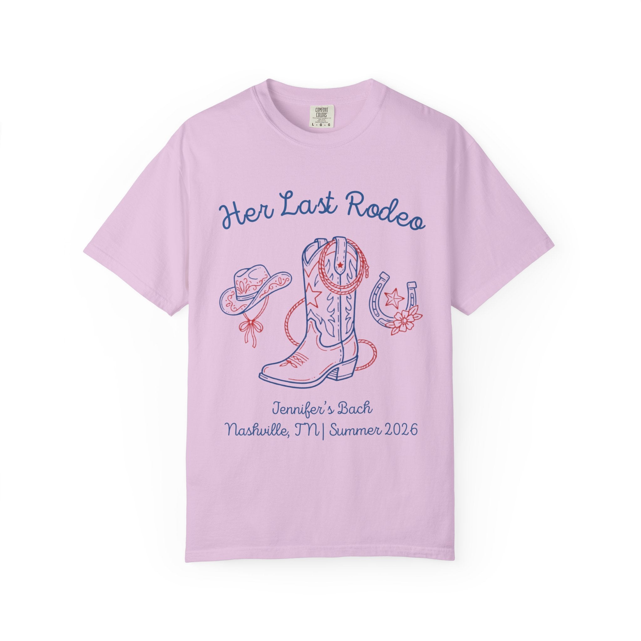 Pink t-shirt with "Her Last Rodeo" text, cowboy boot, and horseshoe.