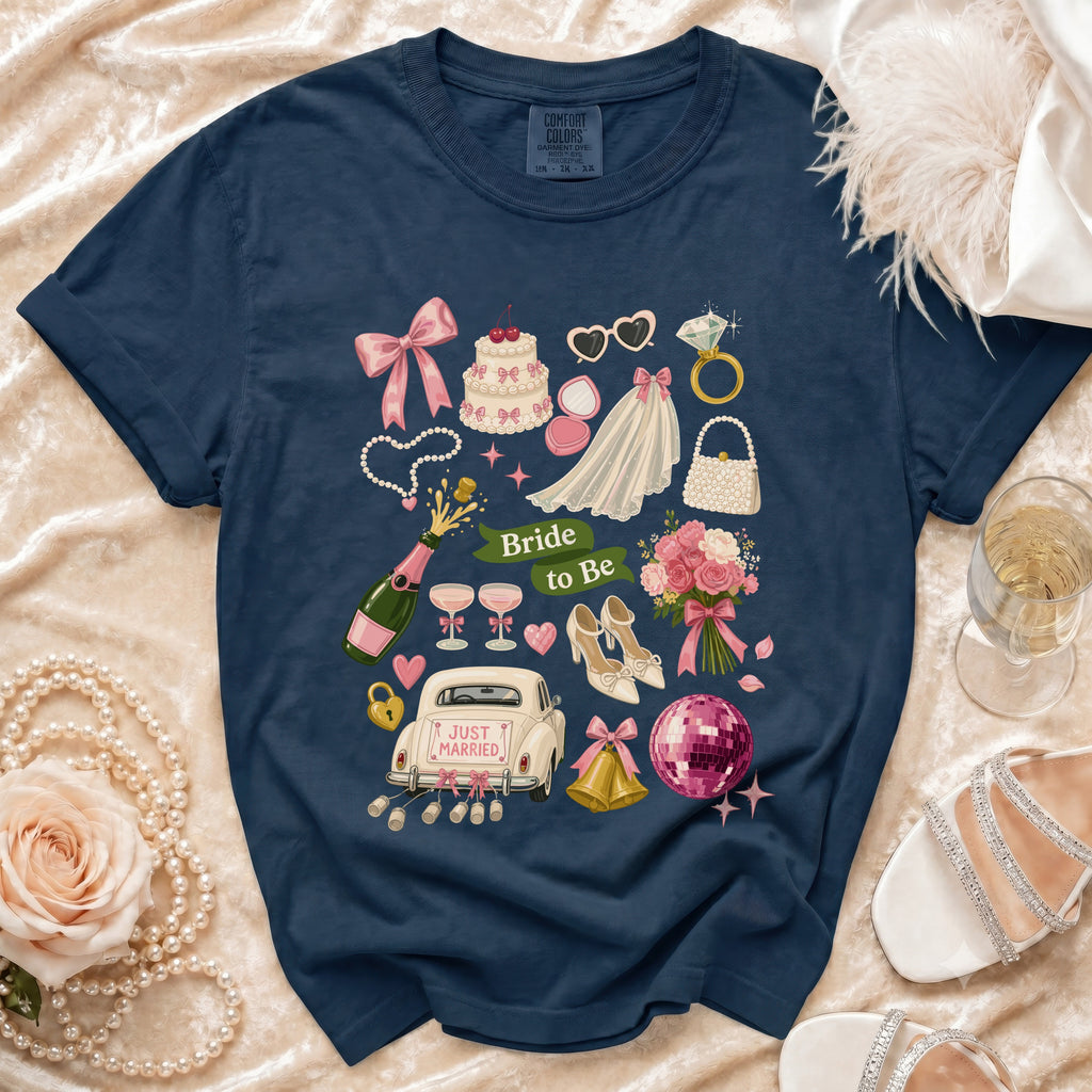 Navy t-shirt with "Bride to Be" text and wedding-themed illustrations.