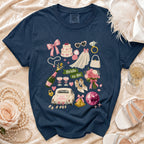 Navy t-shirt with "Bride to Be" text and wedding-themed illustrations.