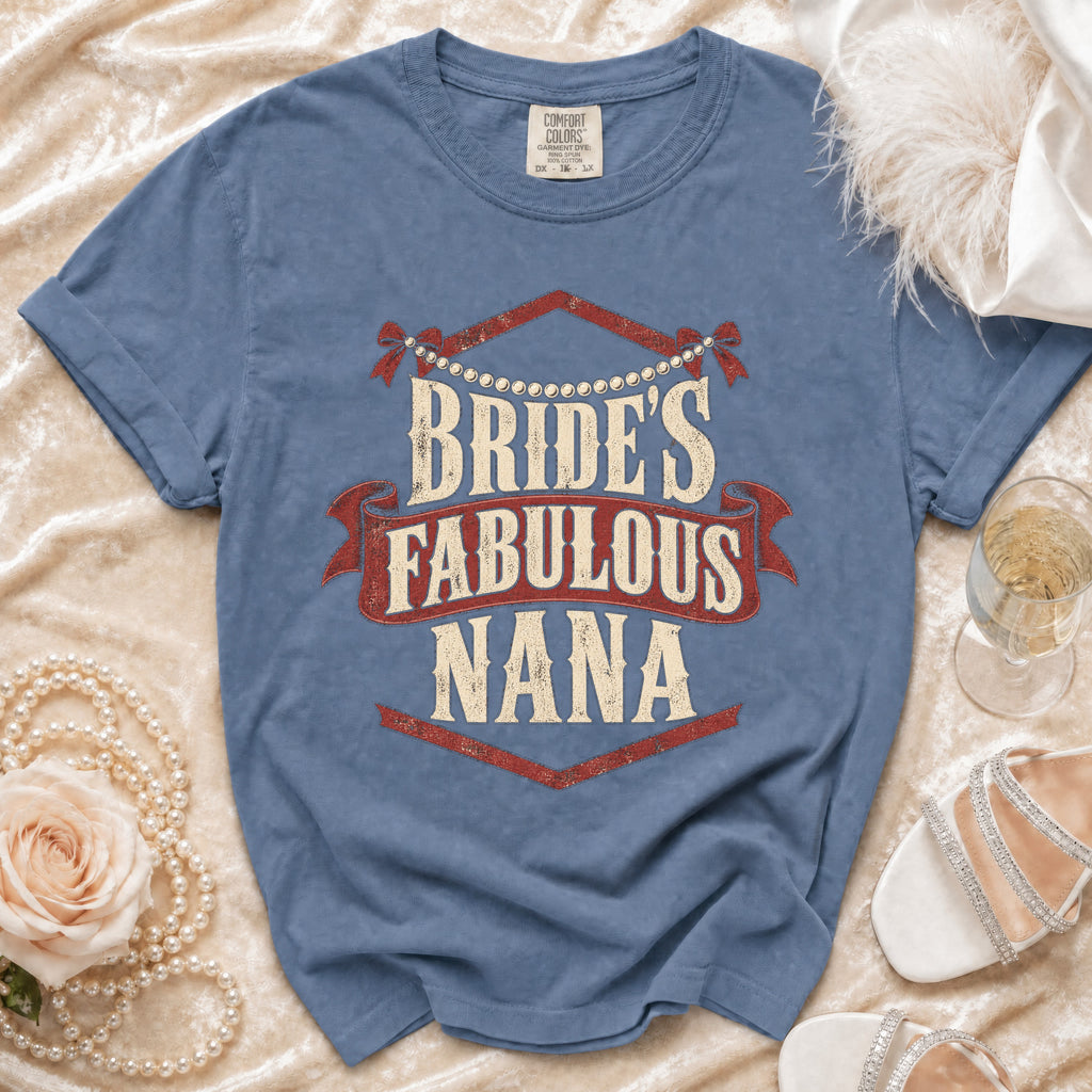 Blue t-shirt with "Bride's Fabulous Nana" text, pearls, rose, and shoes.