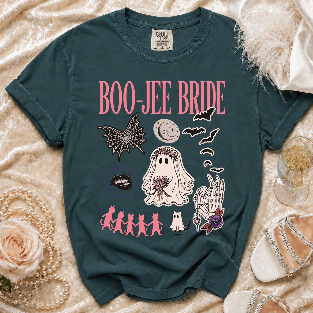 Teal t-shirt with pink "Boo-Jee Bride" text and Halloween-themed graphics.