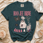 Teal t-shirt with pink "Boo-Jee Bride" text and Halloween-themed graphics.