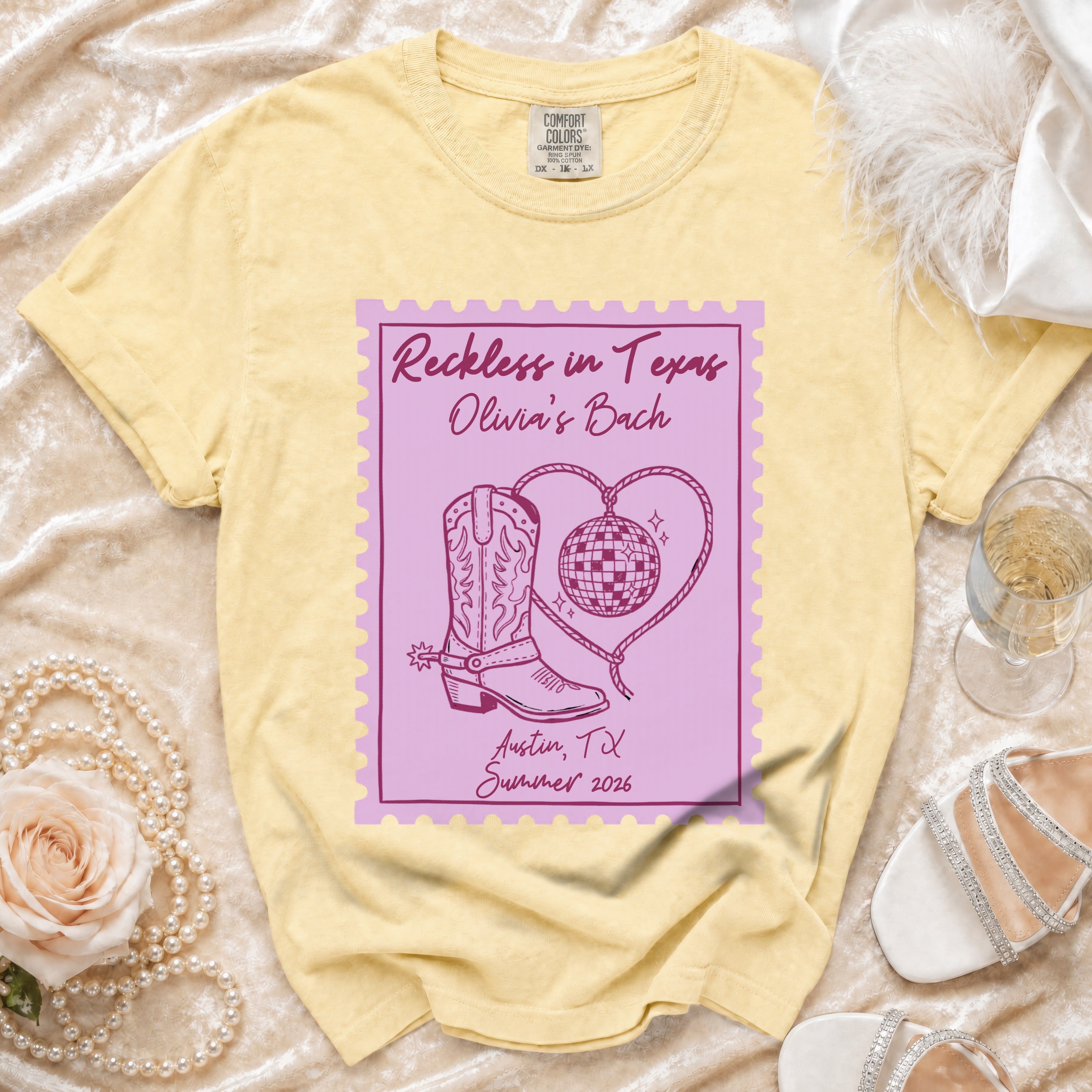 Yellow Comfort Colors t-shirt with "Reckless in Texas Olivia's Bach Austin, TX Summer 2026" design.