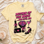 Yellow t-shirt with "Mother of the Bride...Boo-tiful Job" text and gothic graphics.