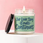 Candle with text "Our Love Story Ends Continues VOWED".