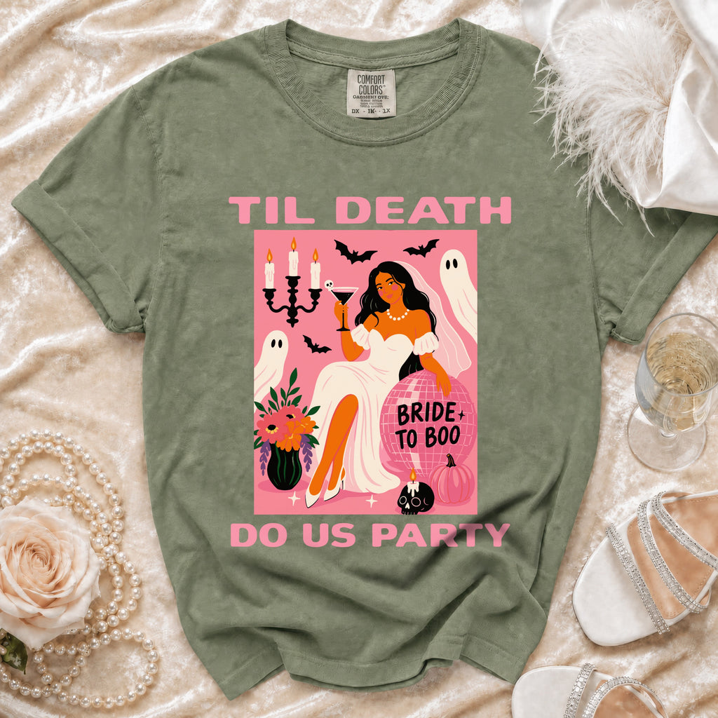 Green t-shirt with "Til Death Do Us Party" design featuring bride, ghosts, and Halloween elements.
