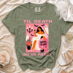 Green t-shirt with "Til Death Do Us Party" design featuring bride, ghosts, and Halloween elements.