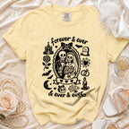 Yellow t-shirt with black skeleton couple graphic and text "forever & ever & ever & ever".