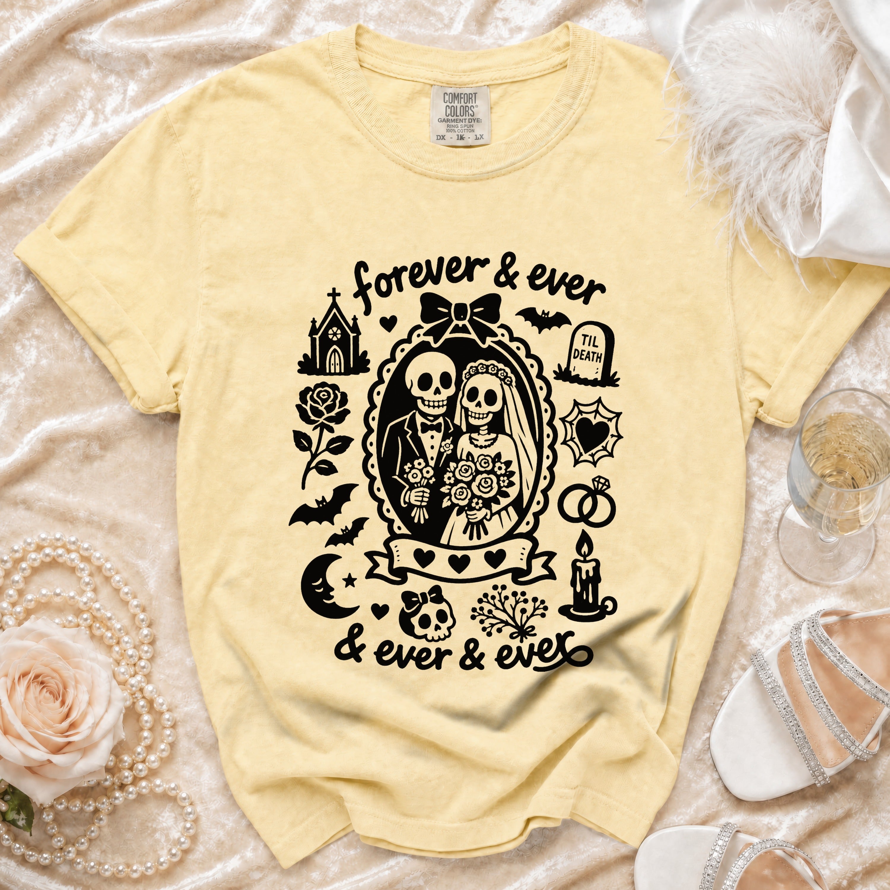 Yellow t-shirt with black skeleton couple graphic and text "forever & ever & ever & ever".