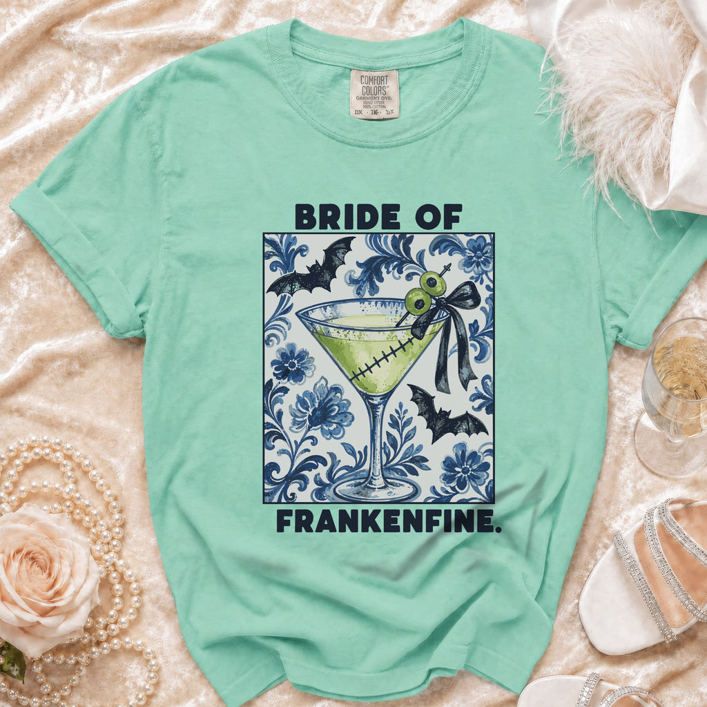 T-shirt with "BRIDE OF FRANKENFINE" text and a martini glass with bats.