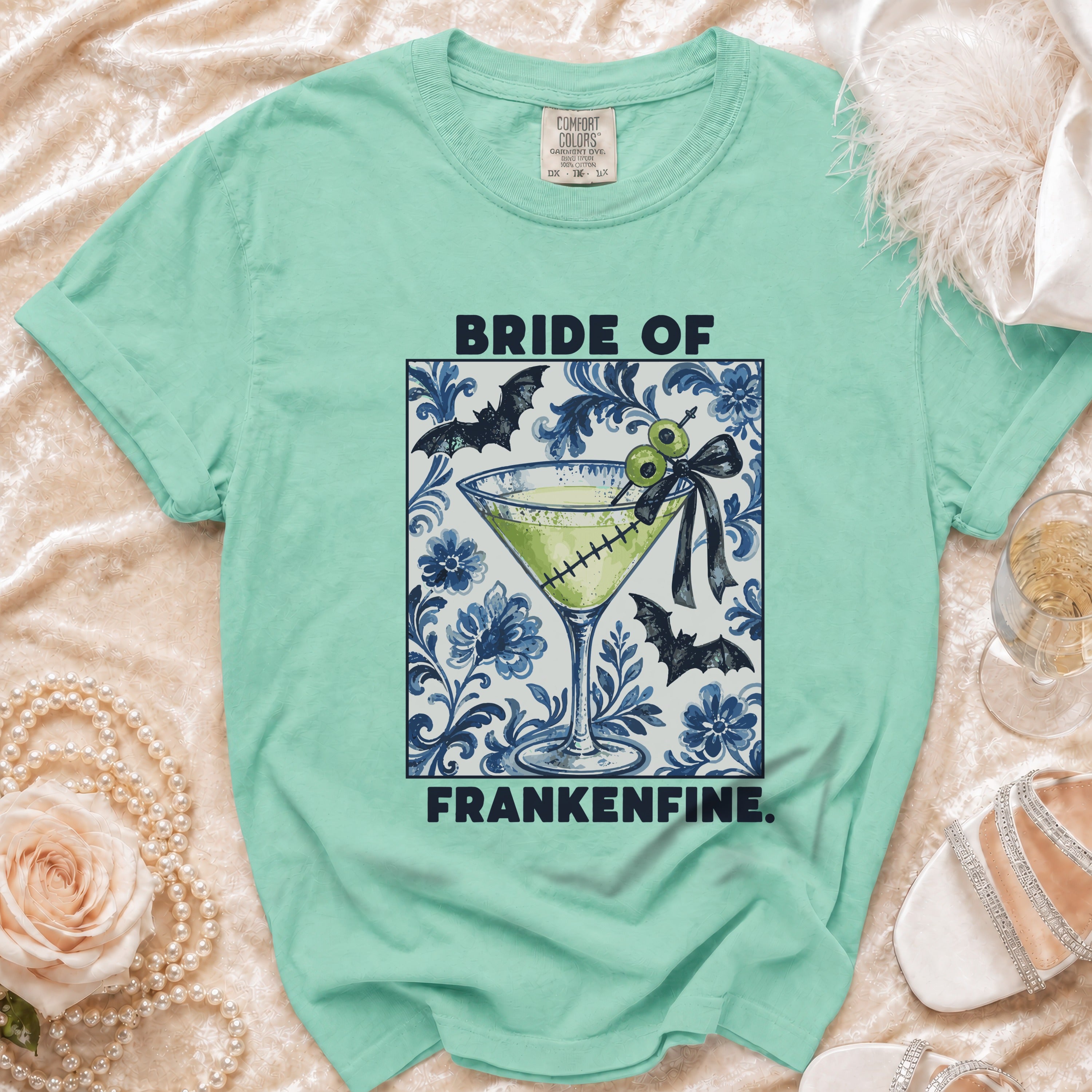 T-shirt with "BRIDE OF FRANKENFINE" text and a martini glass with bats.