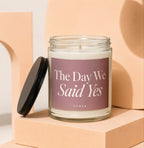 Glass candle with lid, labeled "The Day We Said Yes".