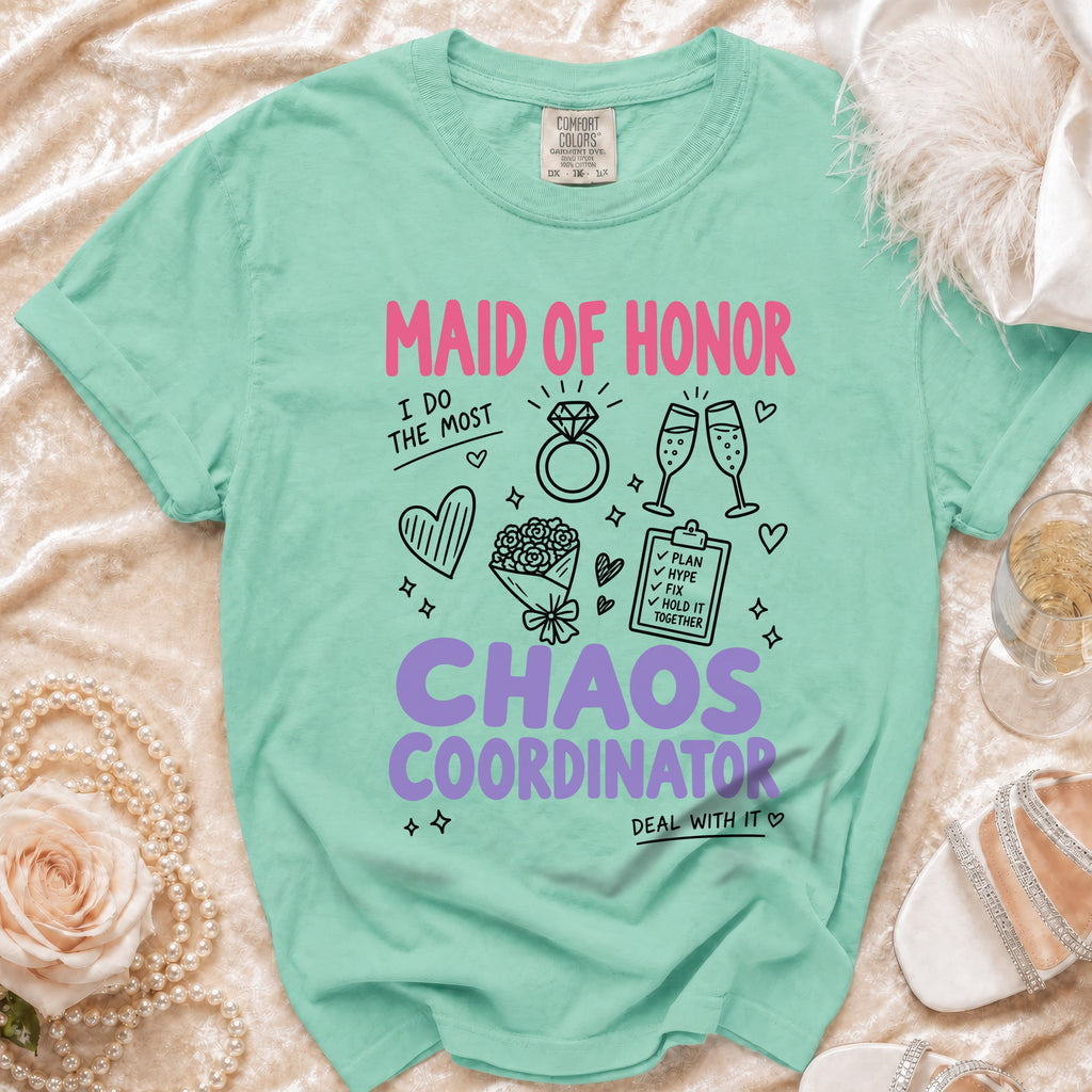 Maid of Honor Chaos Coordinator t-shirt with wedding icons and text.