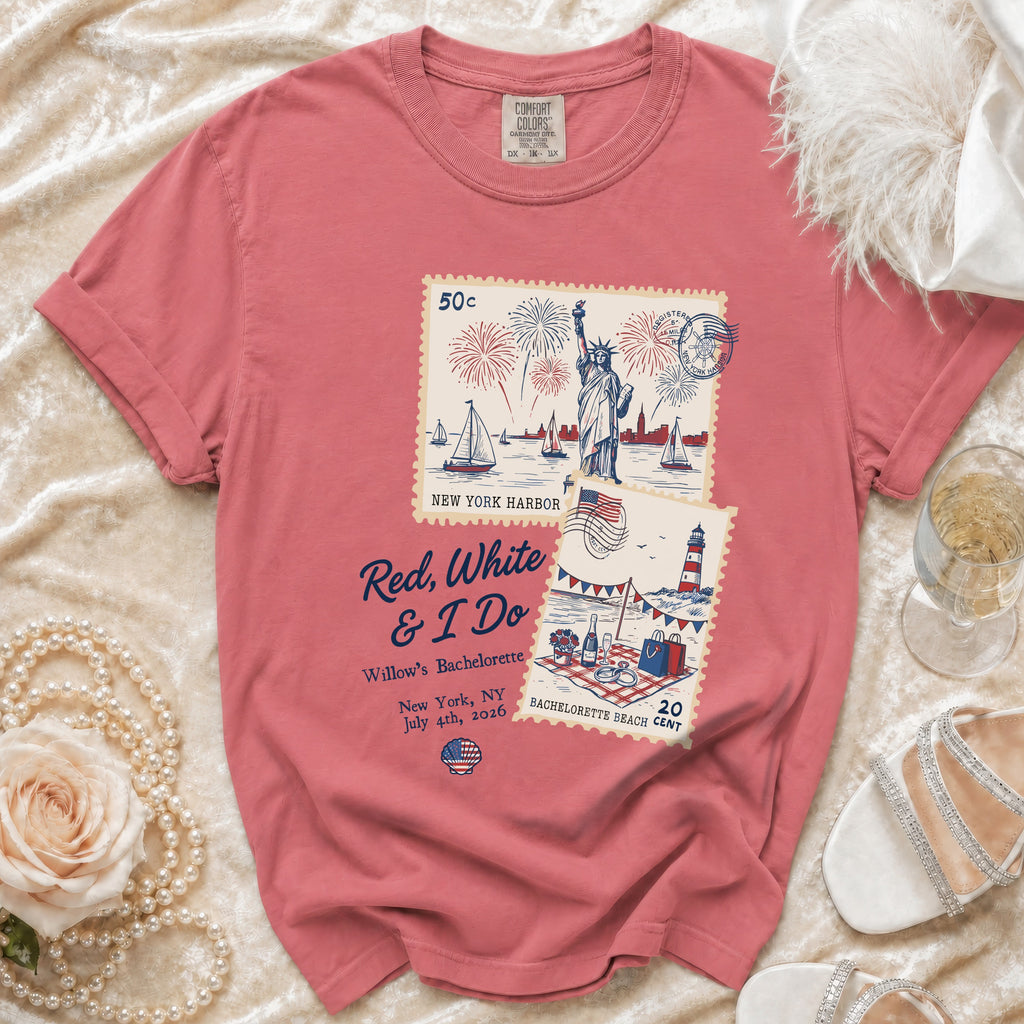 Red, White & I Do bachelorette t-shirt with New York Harbor postage stamps.