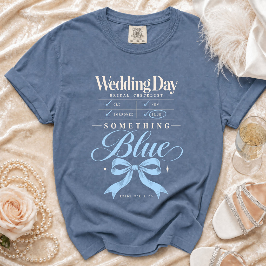 Blue t-shirt with "Wedding Day Bridal Checklist" and "Something Blue" graphic.