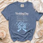 Blue t-shirt with "Wedding Day Bridal Checklist" and "Something Blue" graphic.